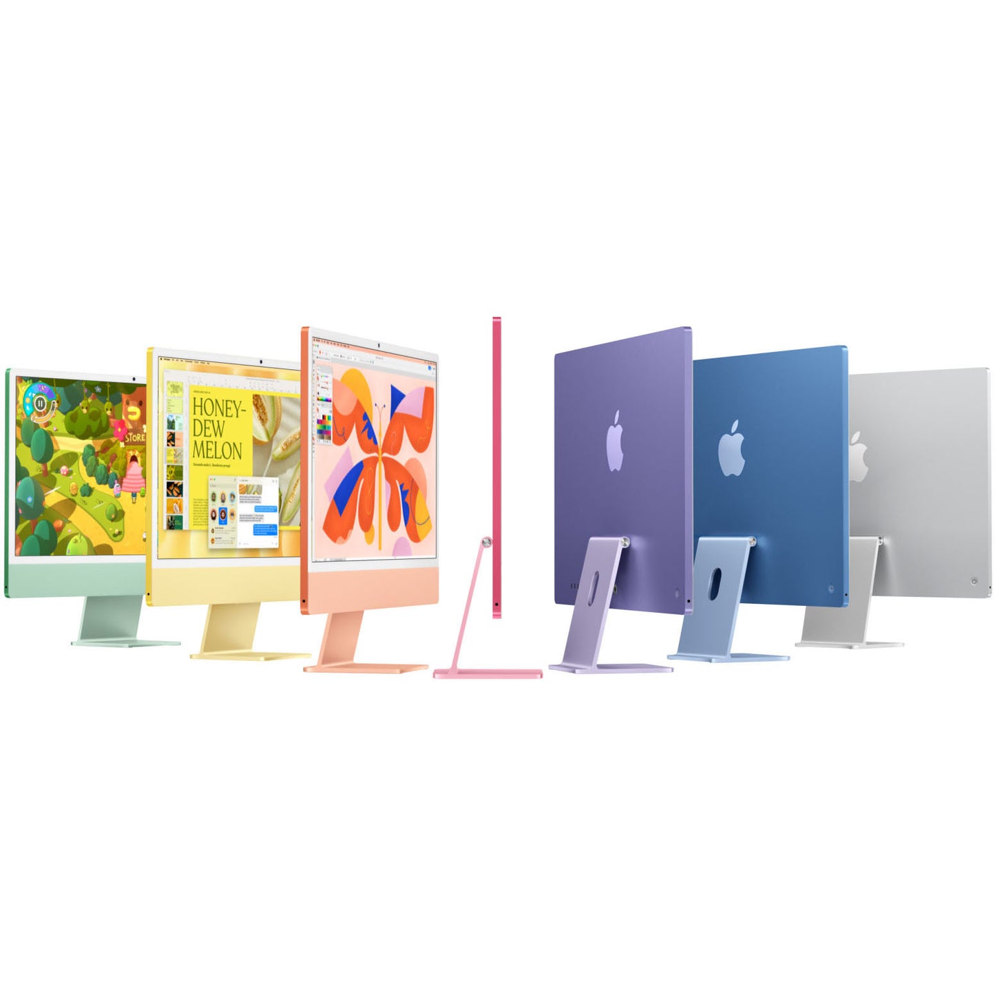 iMac 24 pouces M4 — la gamme complète, vert, jaune, orange, rose, violet, bleu et argent