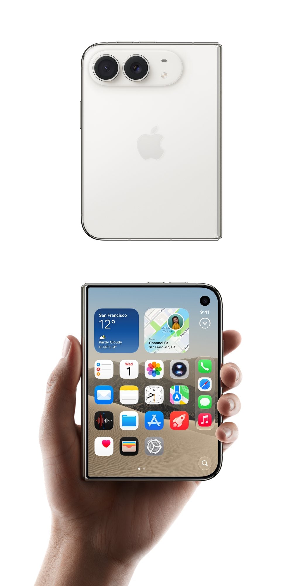 iPhone Duo Blanc stellaire fermé, vu de dos et en main