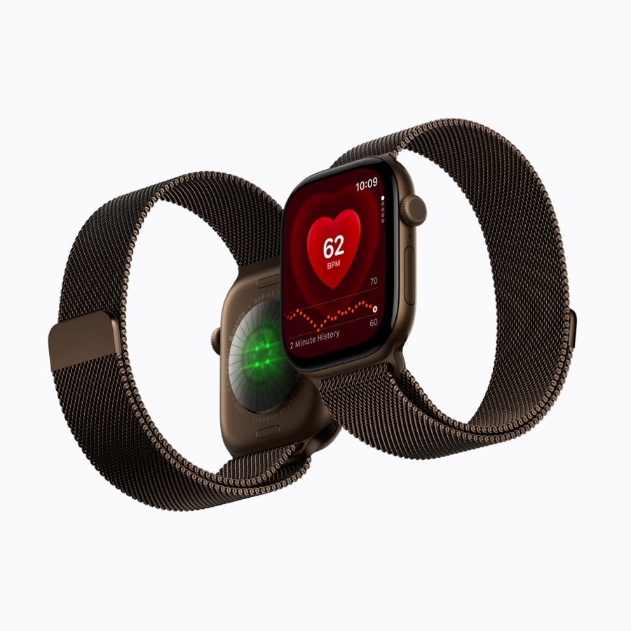 Apple Watch Series 12 boîtier aluminium avec Bracelet Milanais, vue de face sur la fréquence cardiaque et vue de dos sur les capteurs de santé
