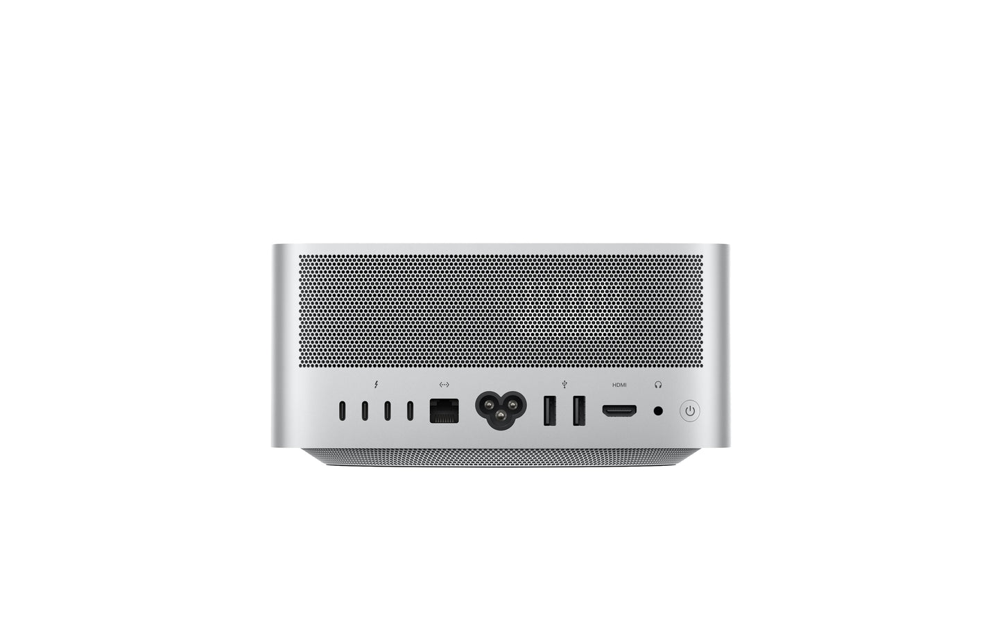 Mac Studio puce M4 Max — face arrière, quatre ports Thunderbolt, Ethernet, deux USB-A, HDMI et prise casque