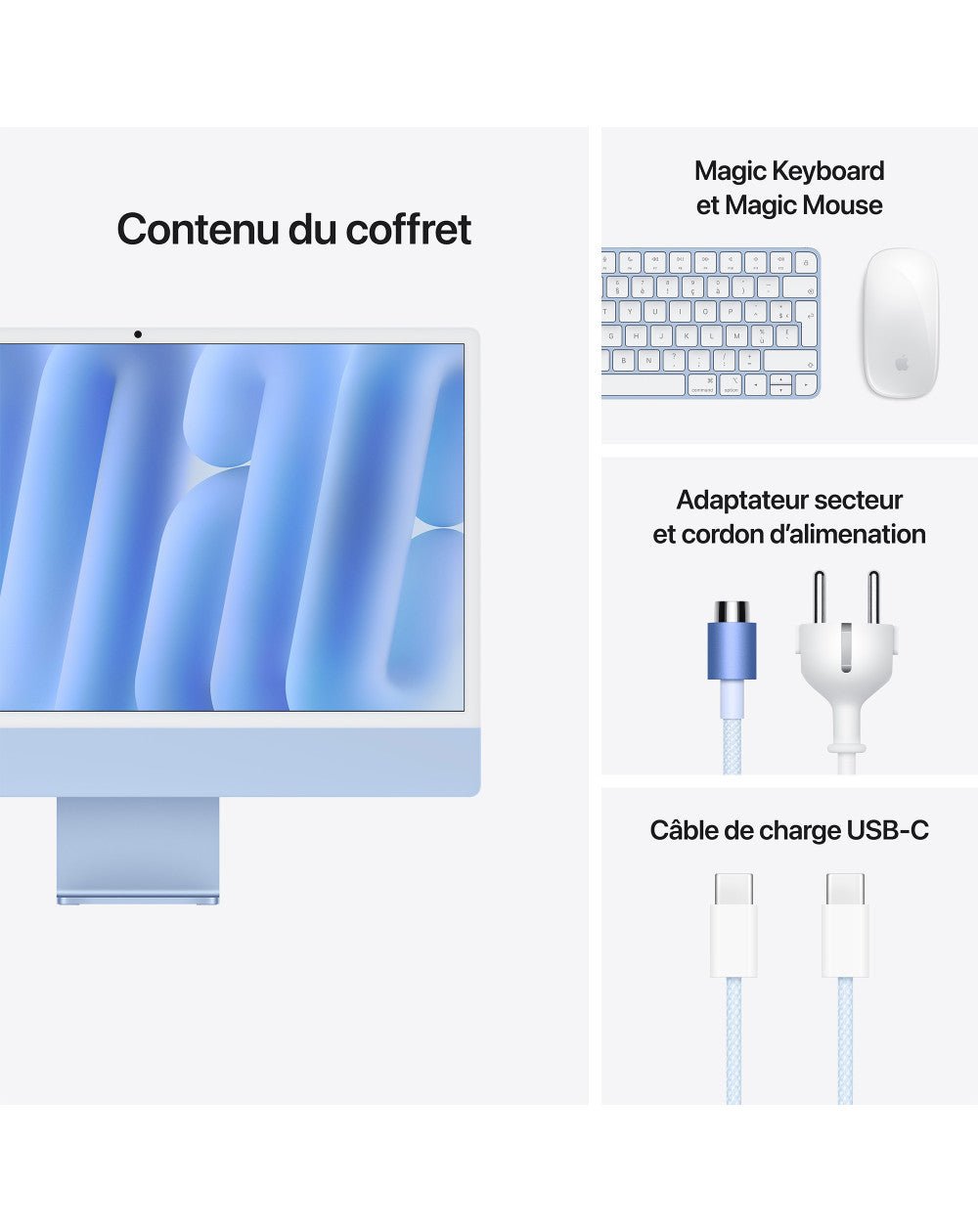 iMac 24" - Puce Apple M4 avec CPU 10 cœurs GPU 10 cœurs - MD2T4FN/A - Bleu - SSD de 512 Go - 24 Go