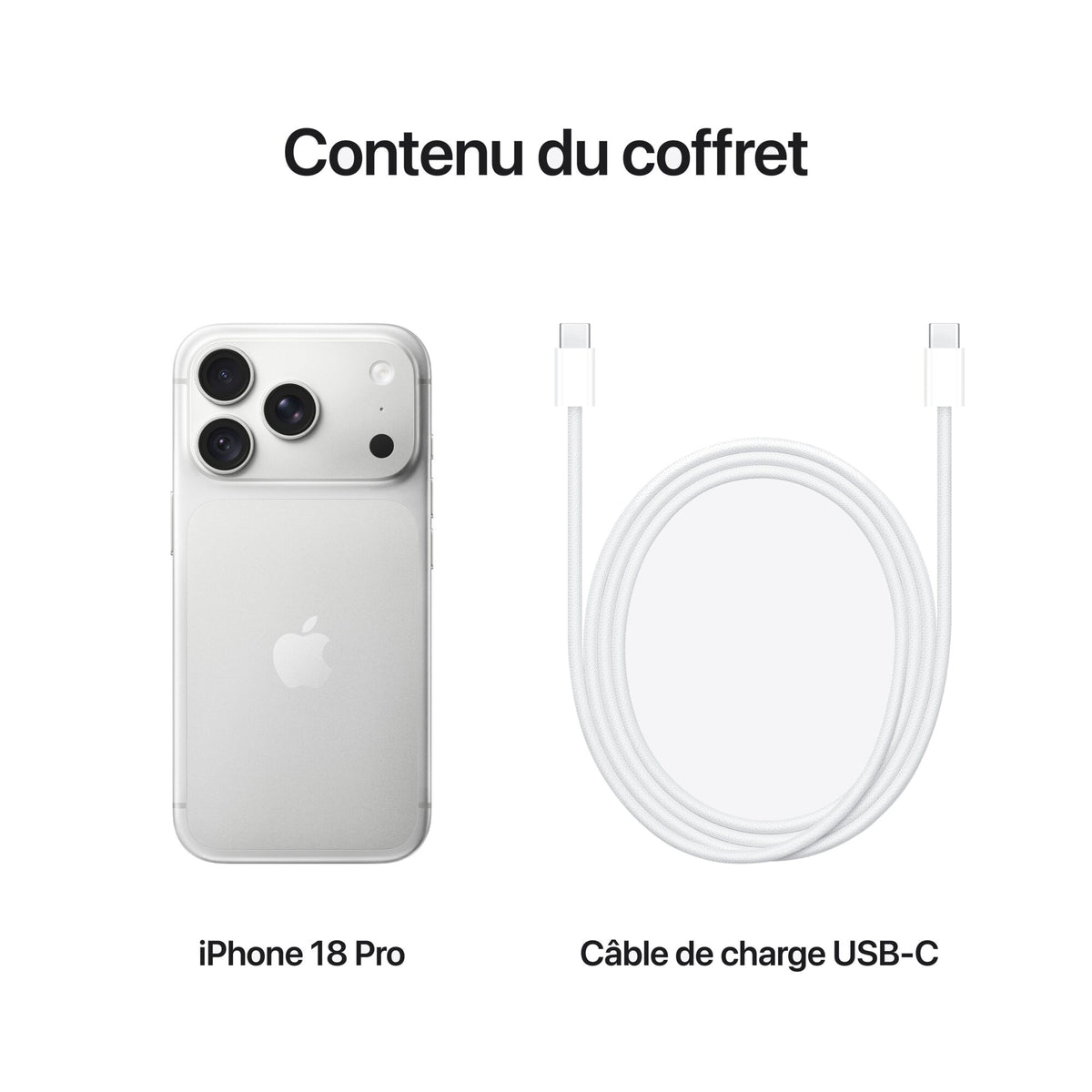 iPhone 18 Pro Argent – contenu du coffret : iPhone et câble de charge USB‑C