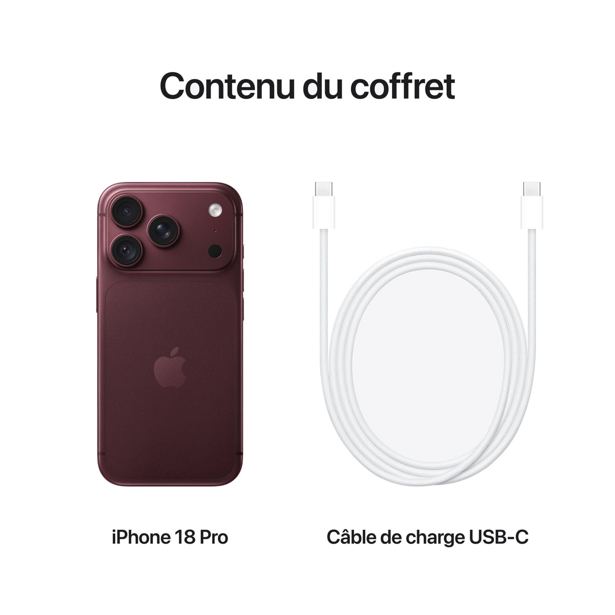 iPhone 18 Pro Bordeaux – contenu du coffret : iPhone et câble de charge USB‑C
