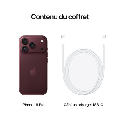 iPhone 18 Pro Bordeaux – contenu du coffret : iPhone et câble de charge USB‑C