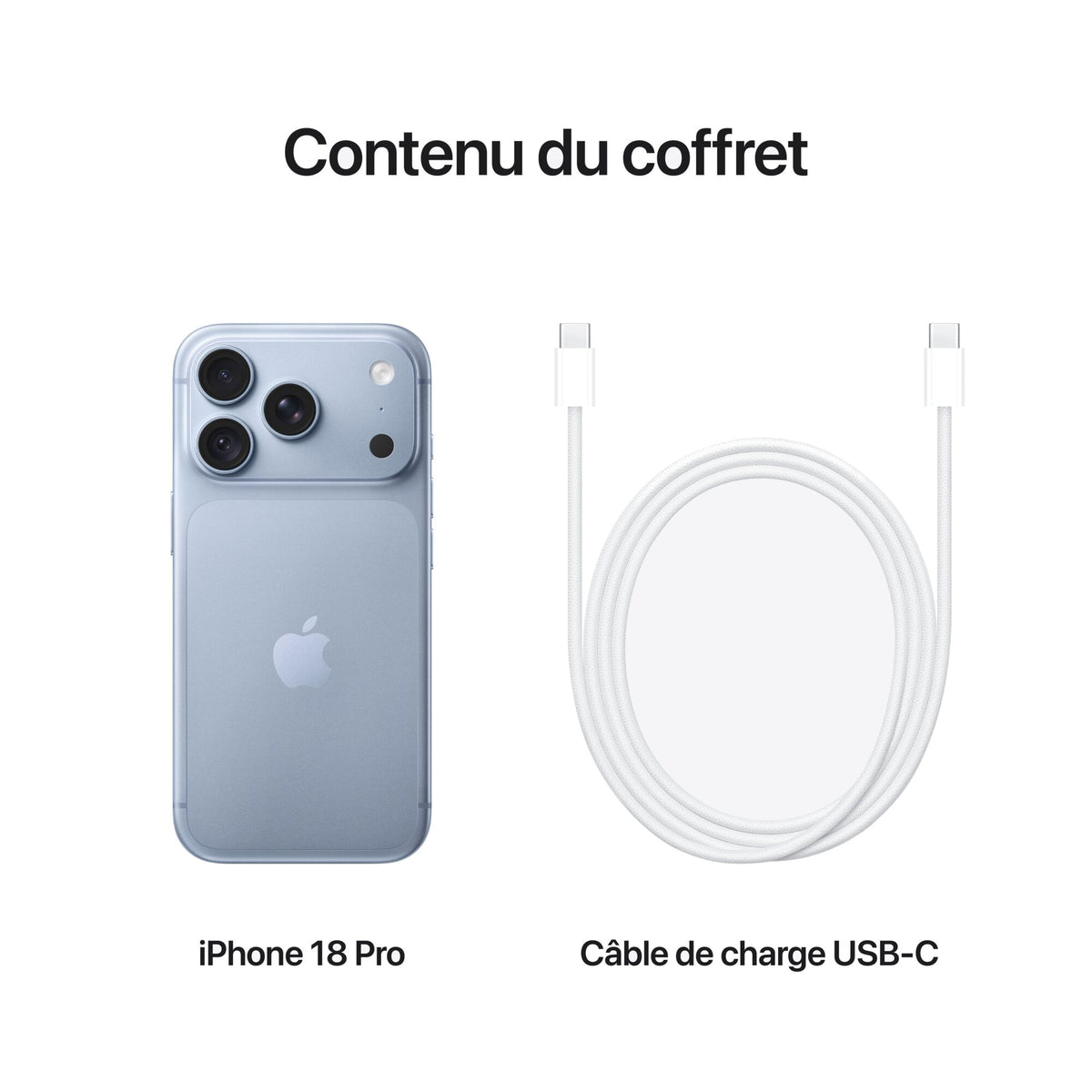 iPhone 18 Pro Glacier – contenu du coffret : iPhone et câble de charge USB‑C