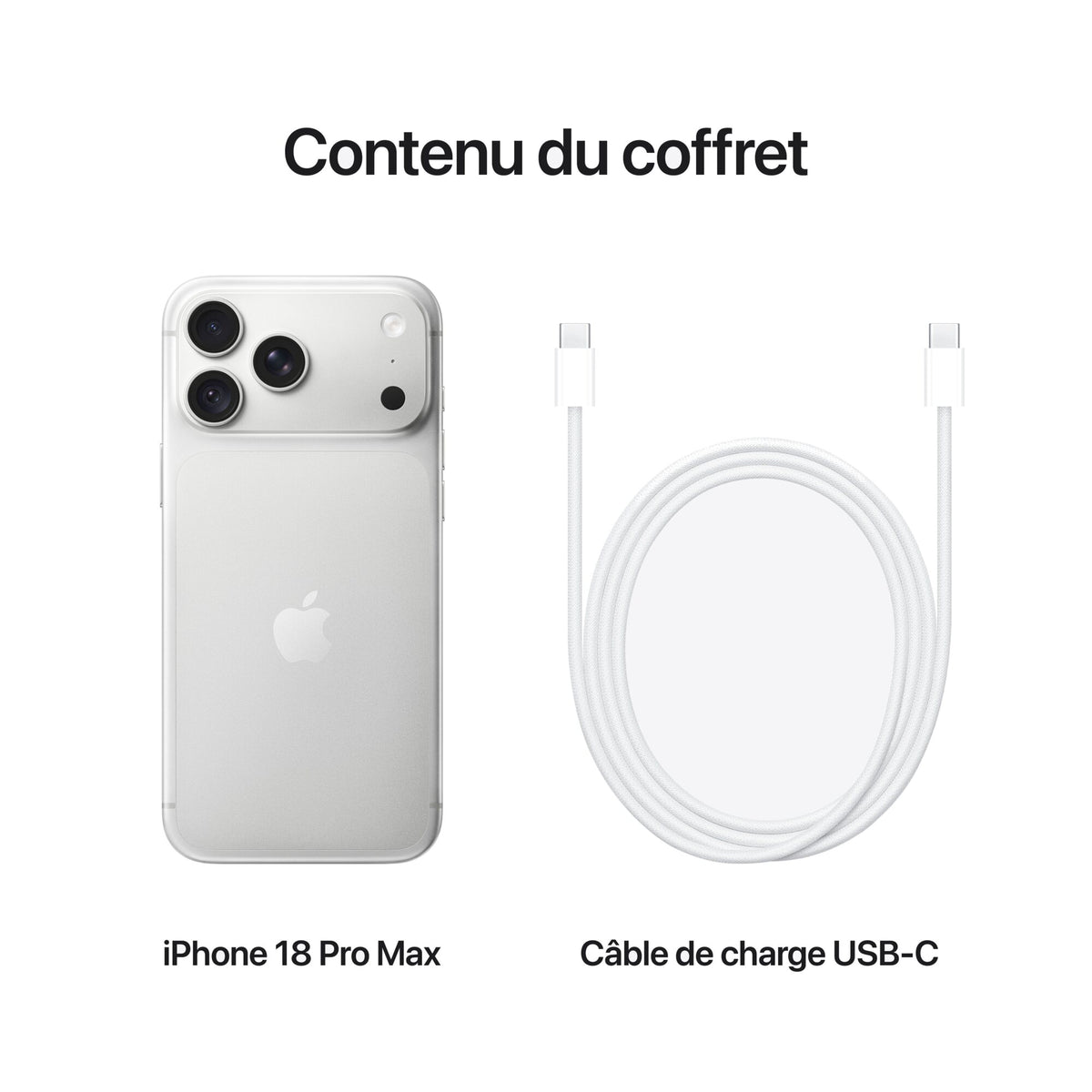 iPhone 18 Pro Max Argent – contenu du coffret : iPhone et câble de charge USB‑C