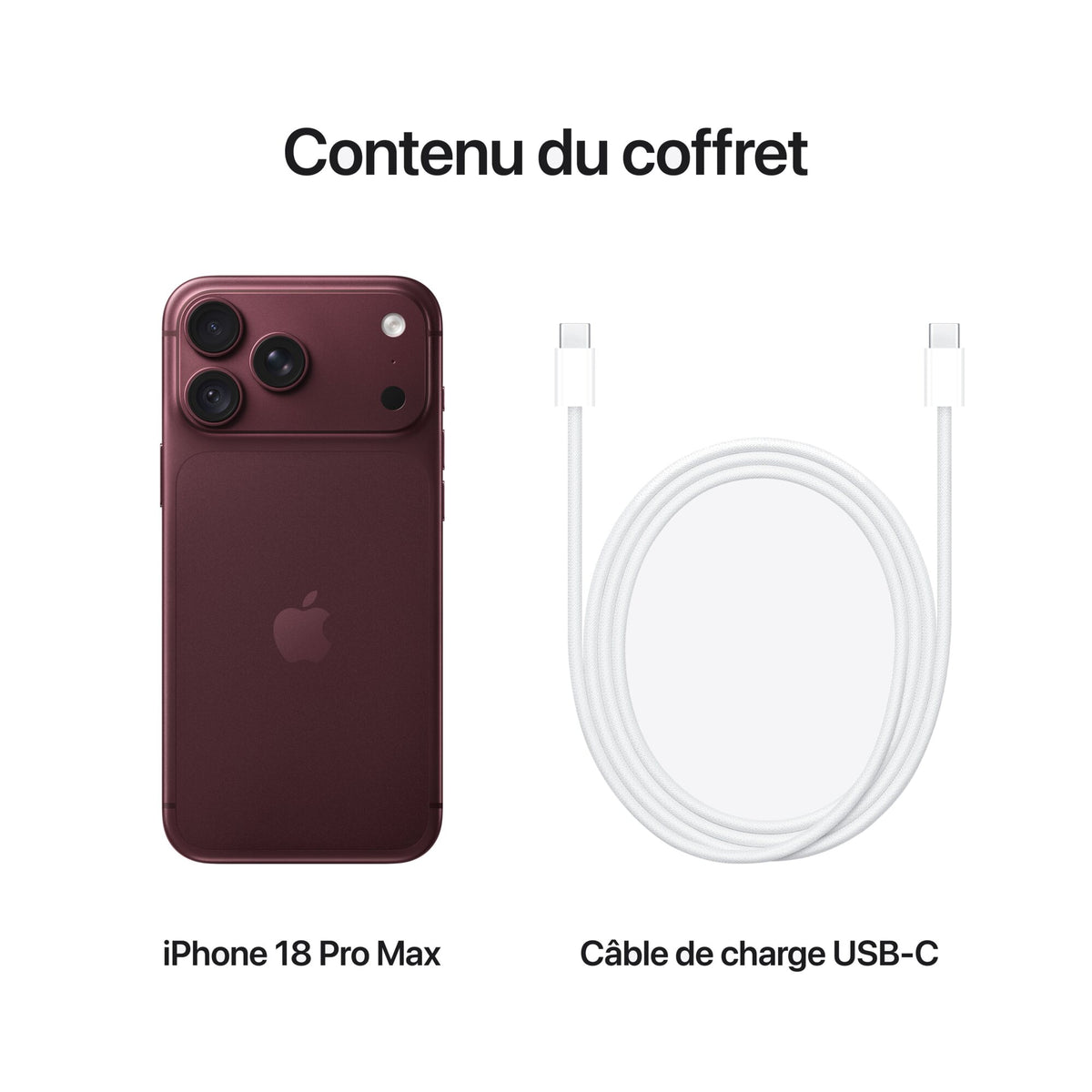 iPhone 18 Pro Max Bordeaux – contenu du coffret : iPhone et câble de charge USB‑C