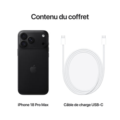 iPhone 18 Pro Max Noir – contenu du coffret : iPhone et câble de charge USB‑C