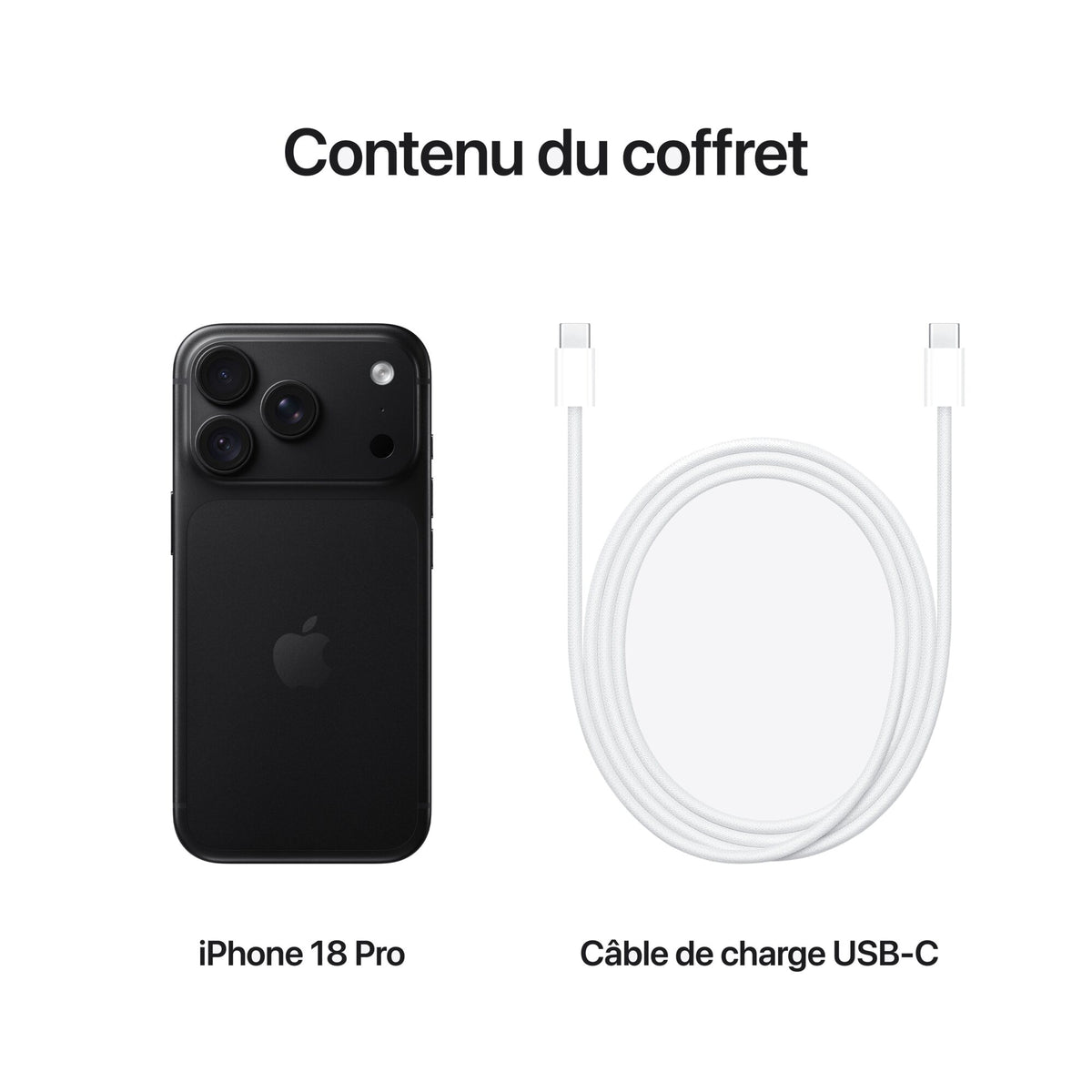 iPhone 18 Pro Noir – contenu du coffret : iPhone et câble de charge USB‑C