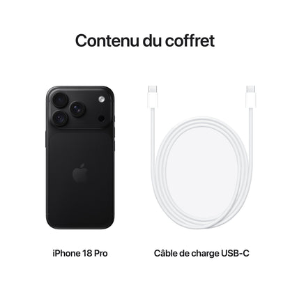 iPhone 18 Pro Noir – contenu du coffret : iPhone et câble de charge USB‑C