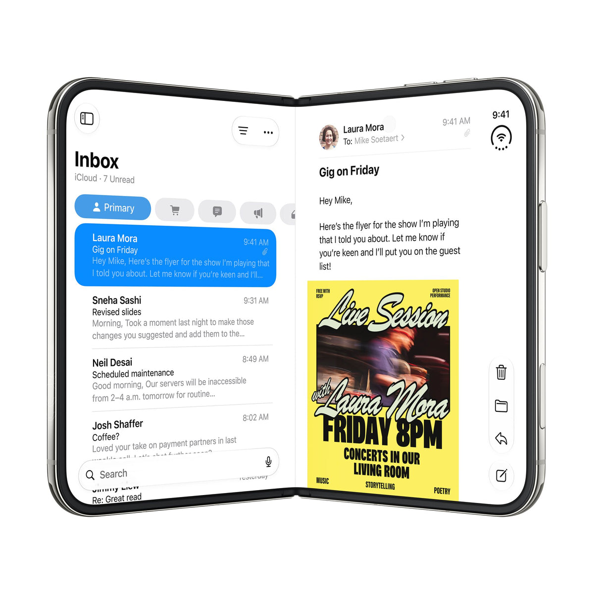 iPhone Duo ouvert : Mail en mode multitâche sur l’écran interne