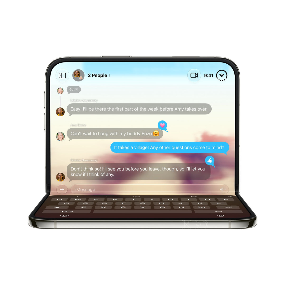 iPhone Duo posé en position semi-ouverte avec clavier à l’écran