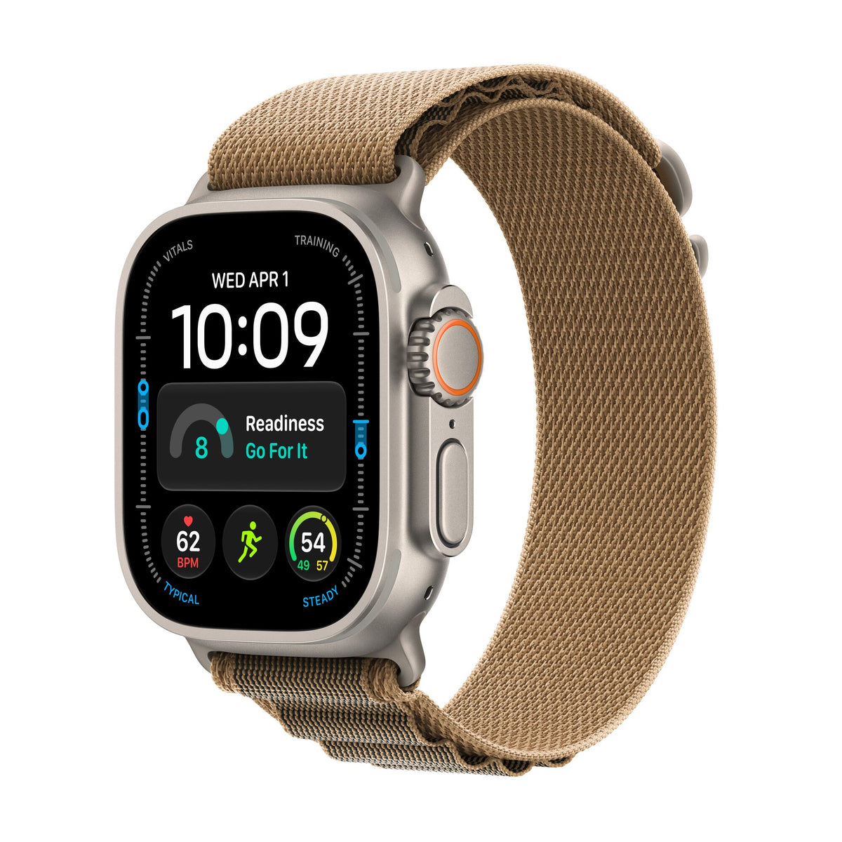 Apple Watch Ultra 4 titane naturel avec Boucle Alpine désert, vue de trois quarts