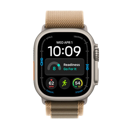 Apple Watch Ultra 4 titane naturel avec Boucle Alpine désert, vue de face
