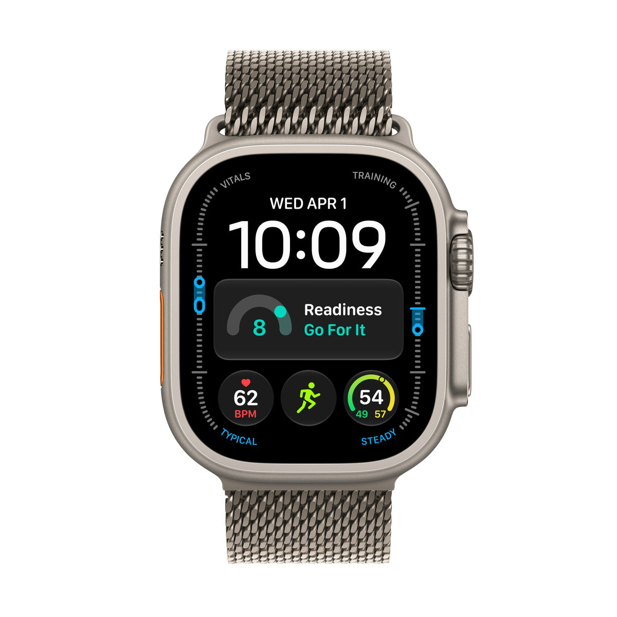 Apple Watch Ultra 4 titane naturel avec Bracelet Milanais titane naturel, vue de face