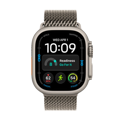 Apple Watch Ultra 4 titane naturel avec Bracelet Milanais titane naturel, vue de face