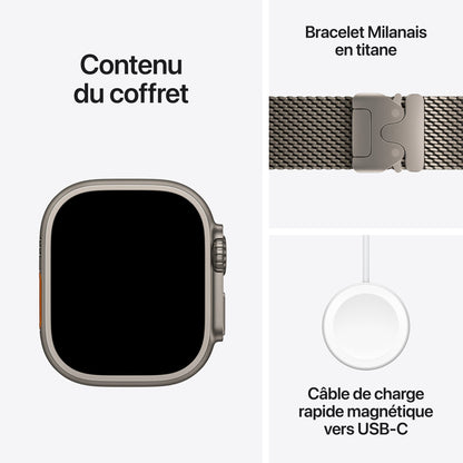 Contenu du coffret : Apple Watch Ultra 4 titane naturel, Bracelet Milanais titane naturel et câble de charge rapide magnétique vers USB‑C