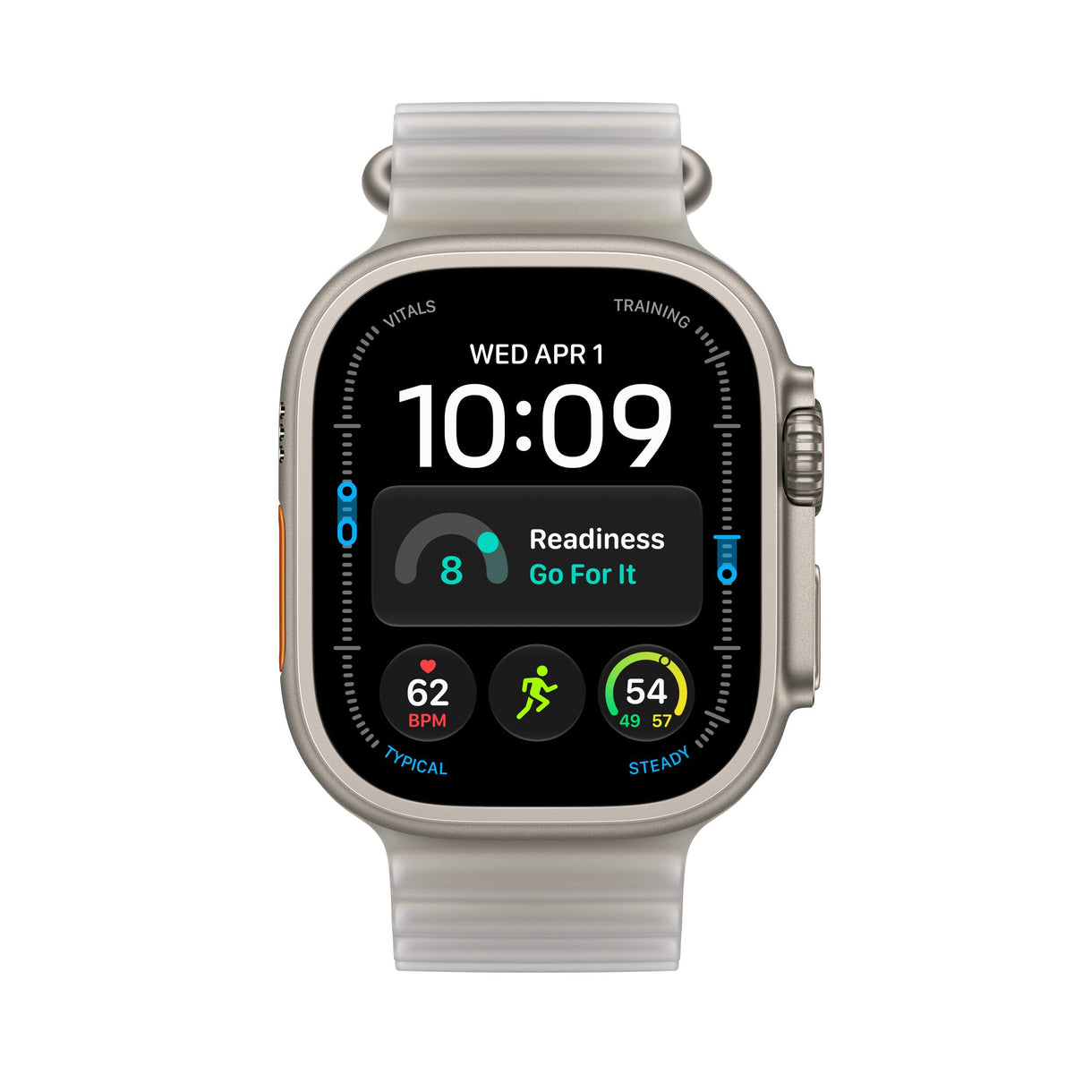 Apple Watch Ultra 4 titane naturel avec Bracelet Océan gris translucide, vue de face