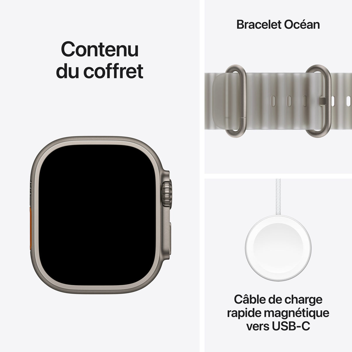 Contenu du coffret : Apple Watch Ultra 4 titane naturel, Bracelet Océan gris translucide et câble de charge rapide magnétique vers USB‑C