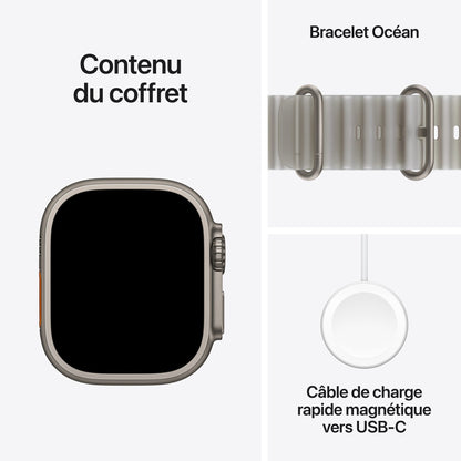 Contenu du coffret : Apple Watch Ultra 4 titane naturel, Bracelet Océan gris translucide et câble de charge rapide magnétique vers USB‑C