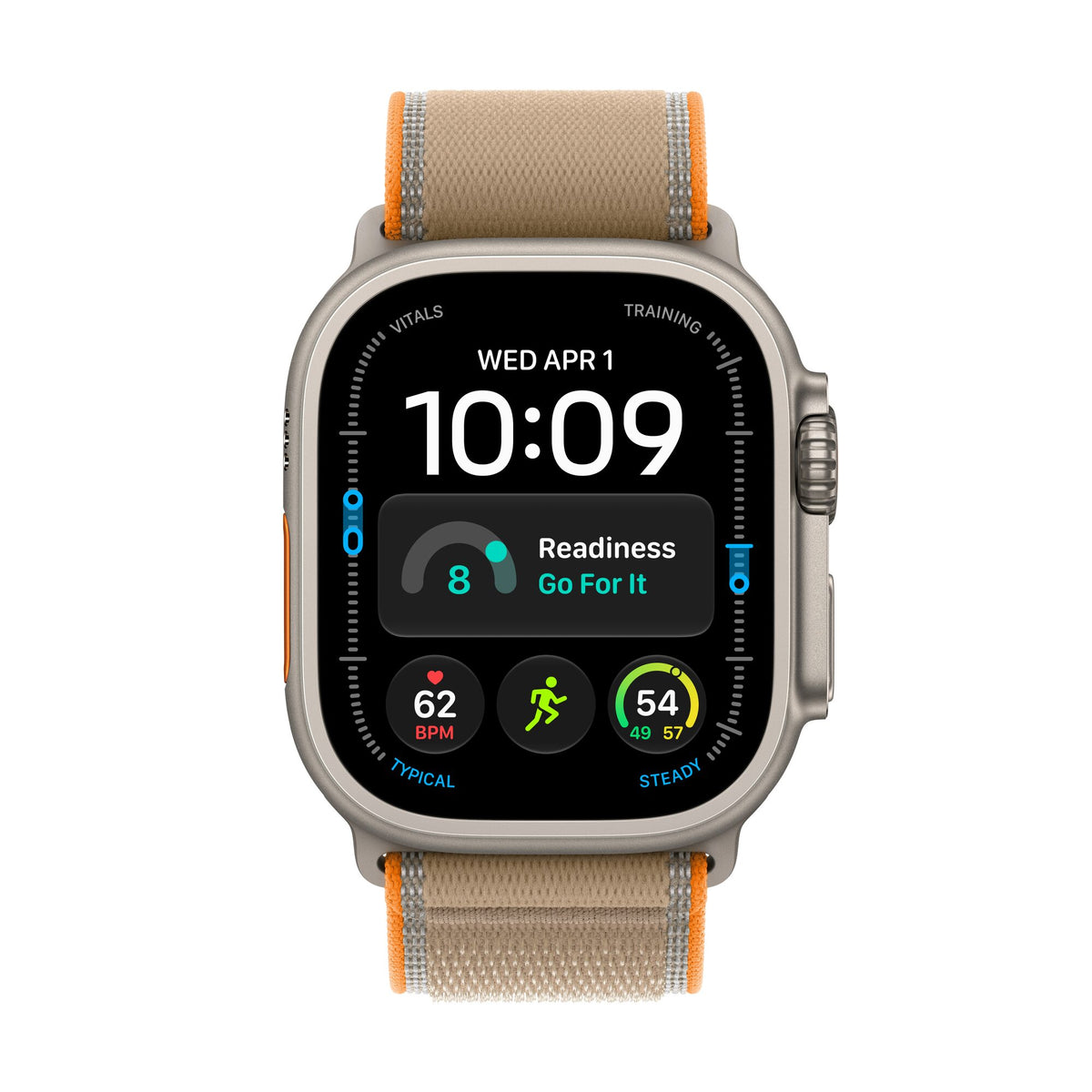 Apple Watch Ultra 4 titane naturel avec Boucle Trail sable, vue de face