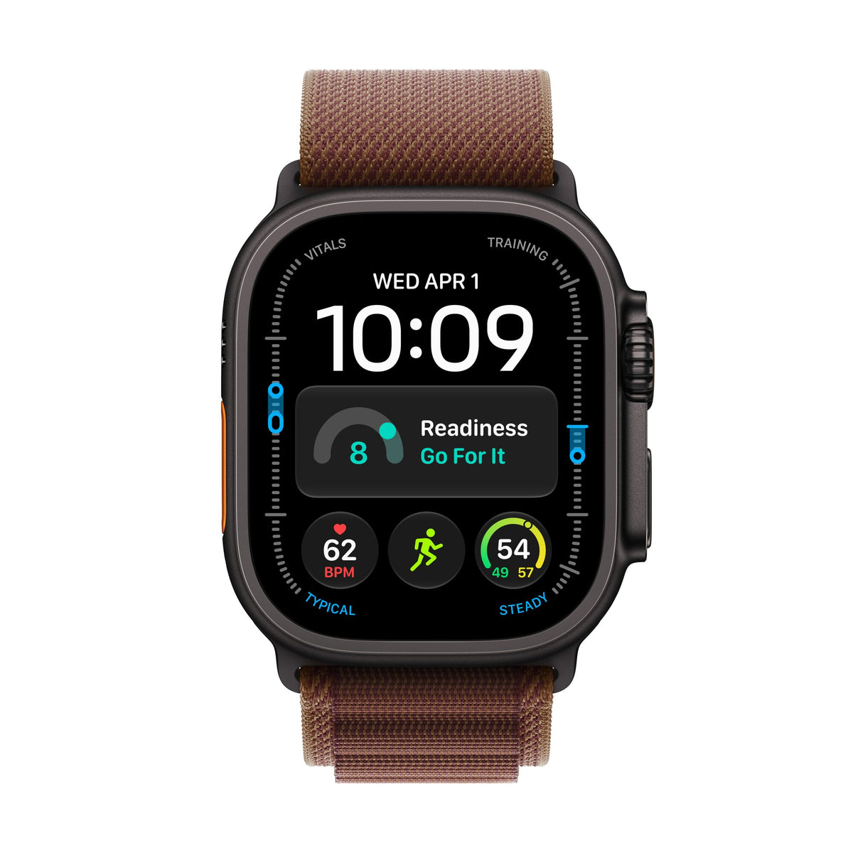 Apple Watch Ultra 4 titane noir avec Boucle Alpine bourgogne, vue de face