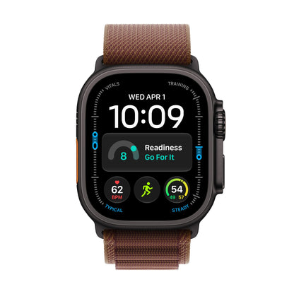 Apple Watch Ultra 4 titane noir avec Boucle Alpine bourgogne, vue de face