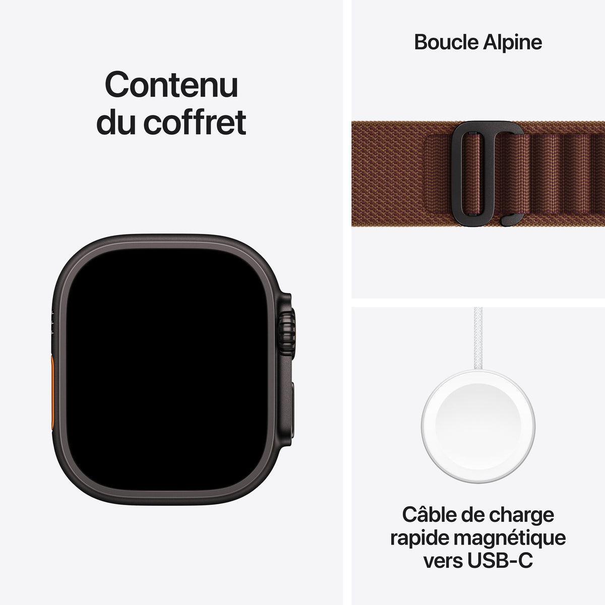 Contenu du coffret : Apple Watch Ultra 4 titane noir, Boucle Alpine bourgogne et câble de charge rapide magnétique vers USB‑C