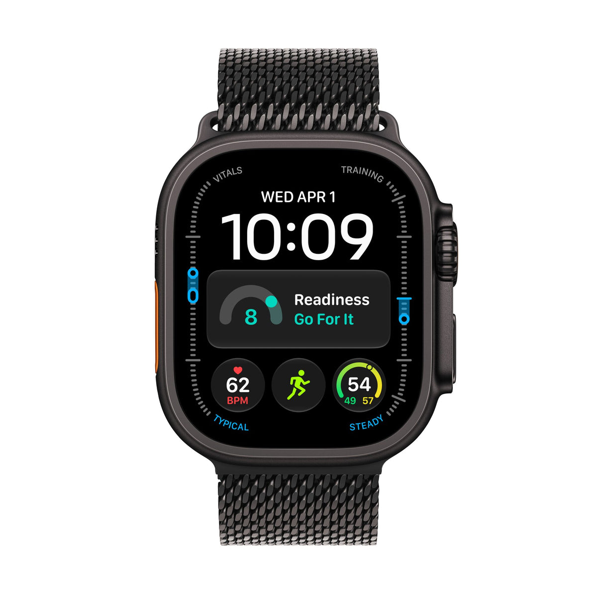 Apple Watch Ultra 4 titane noir avec Bracelet Milanais titane noir, vue de face