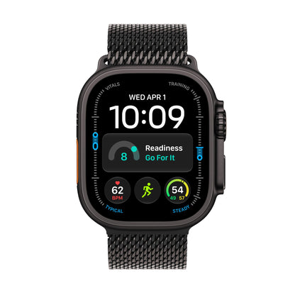 Apple Watch Ultra 4 titane noir avec Bracelet Milanais titane noir, vue de face