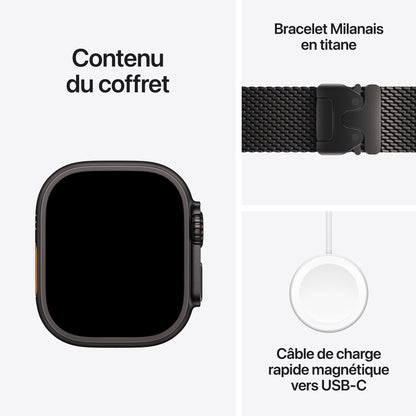 Contenu du coffret : Apple Watch Ultra 4 titane noir, Bracelet Milanais titane noir et câble de charge rapide magnétique vers USB‑C
