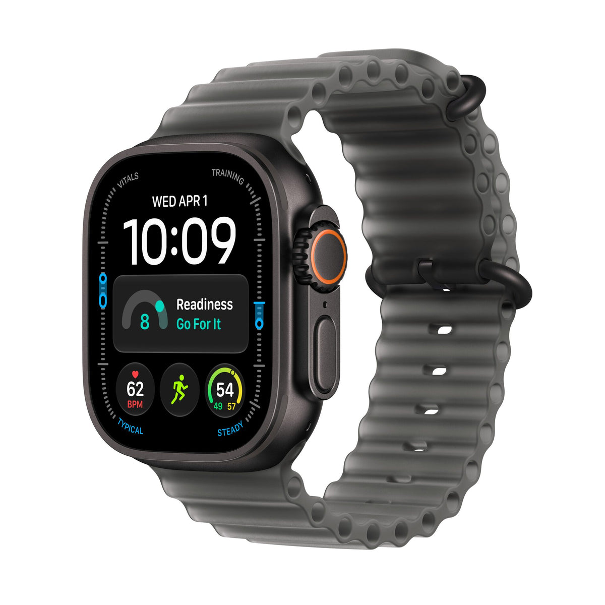 Apple Watch Ultra 4 titane noir avec Bracelet Océan noir translucide, vue de trois quarts
