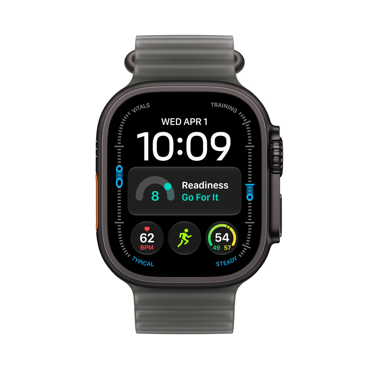Apple Watch Ultra 4 titane noir avec Bracelet Océan noir translucide, vue de face