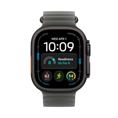 Apple Watch Ultra 4 titane noir avec Bracelet Océan noir translucide, vue de face