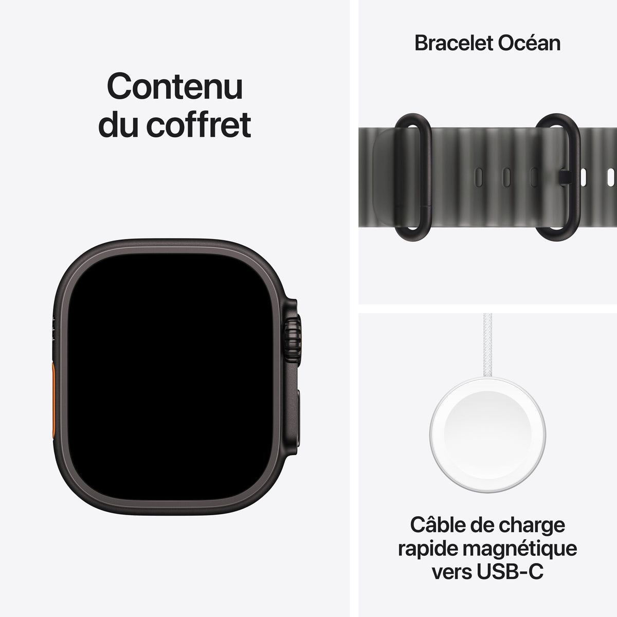 Contenu du coffret : Apple Watch Ultra 4 titane noir, Bracelet Océan noir translucide et câble de charge rapide magnétique vers USB‑C