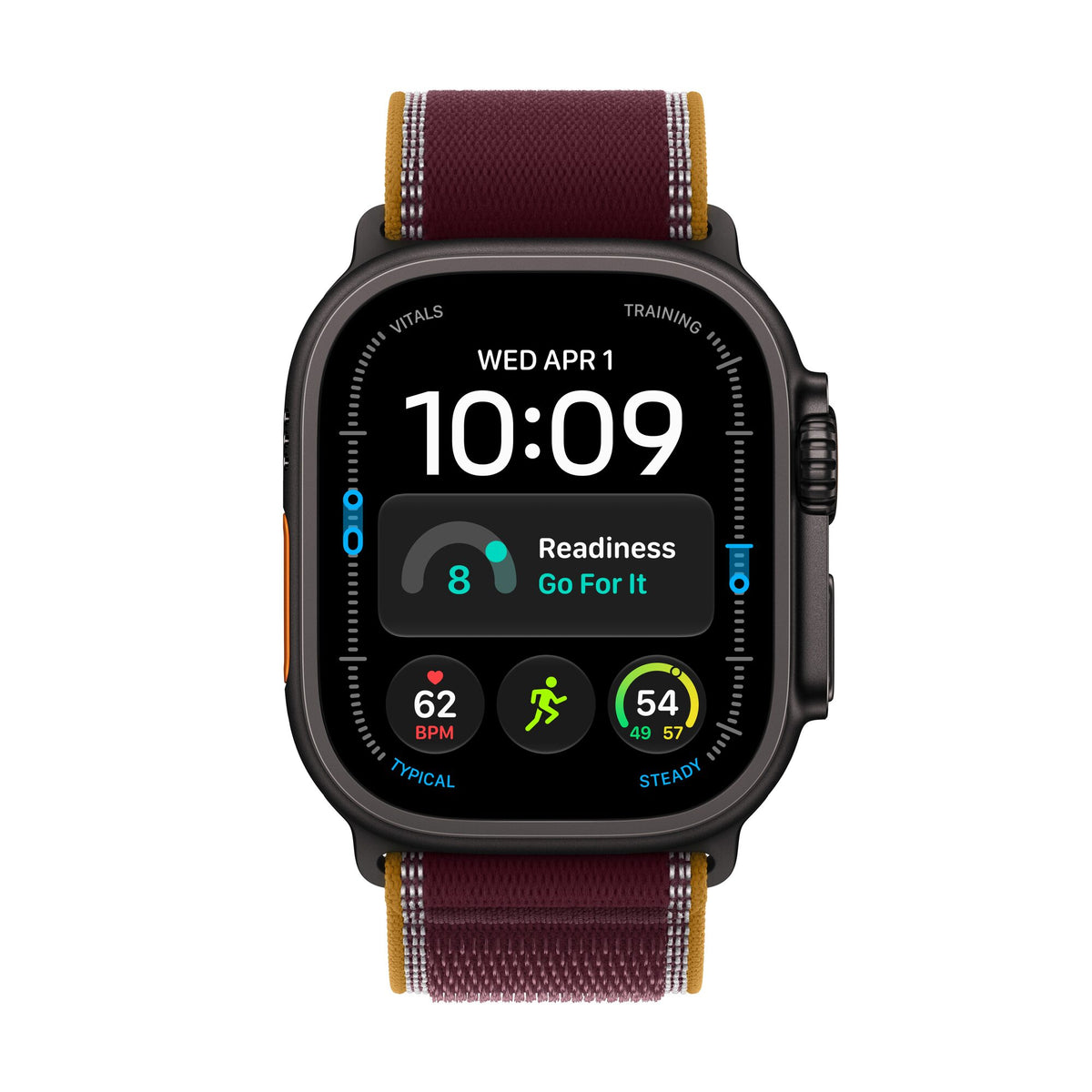 Apple Watch Ultra 4 titane noir avec Boucle Trail bourgogne, vue de face