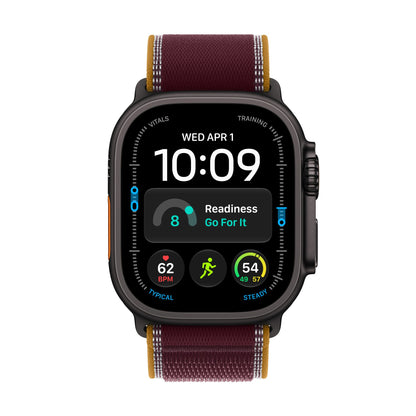 Apple Watch Ultra 4 titane noir avec Boucle Trail bourgogne, vue de face