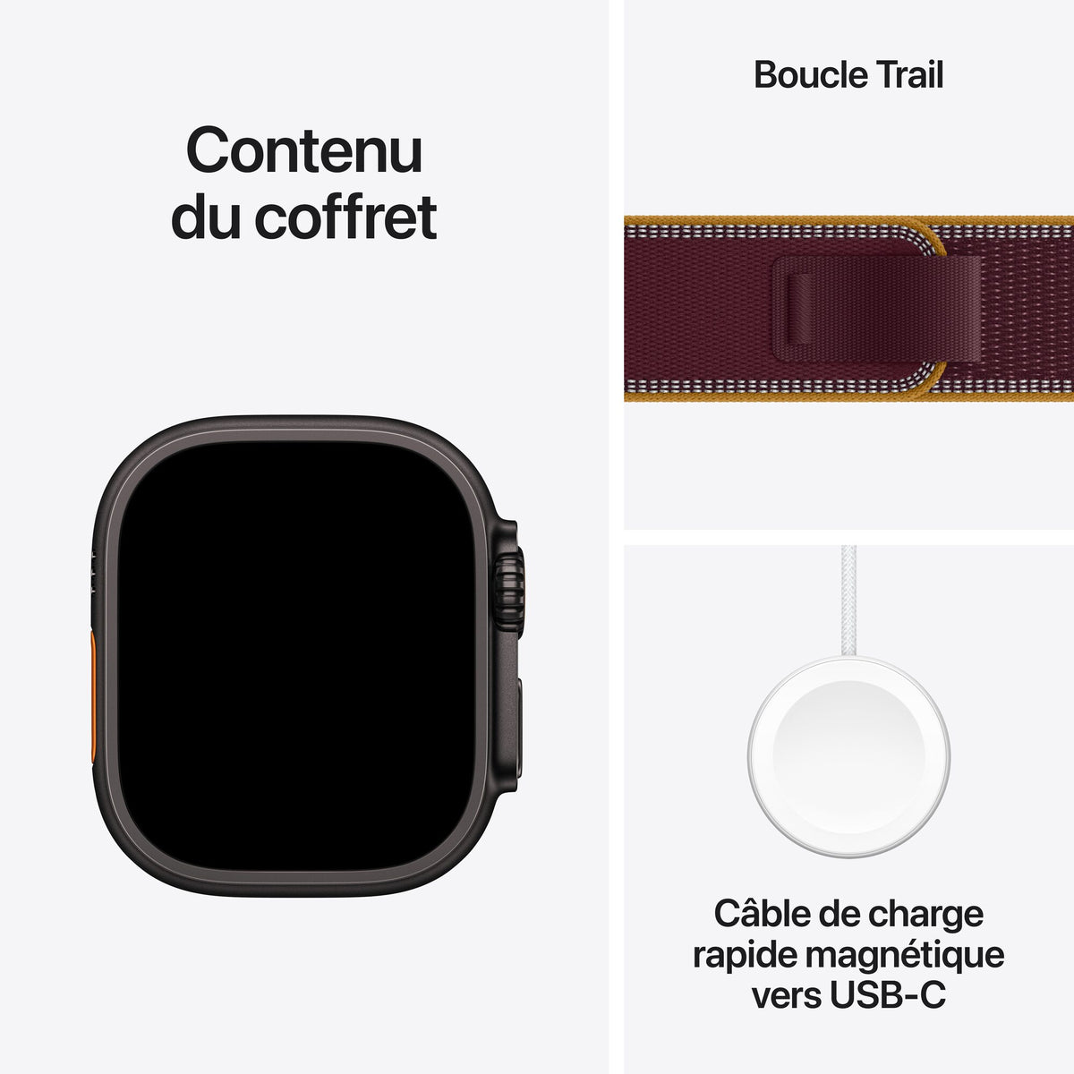 Contenu du coffret : Apple Watch Ultra 4 titane noir, Boucle Trail bourgogne et câble de charge rapide magnétique vers USB‑C